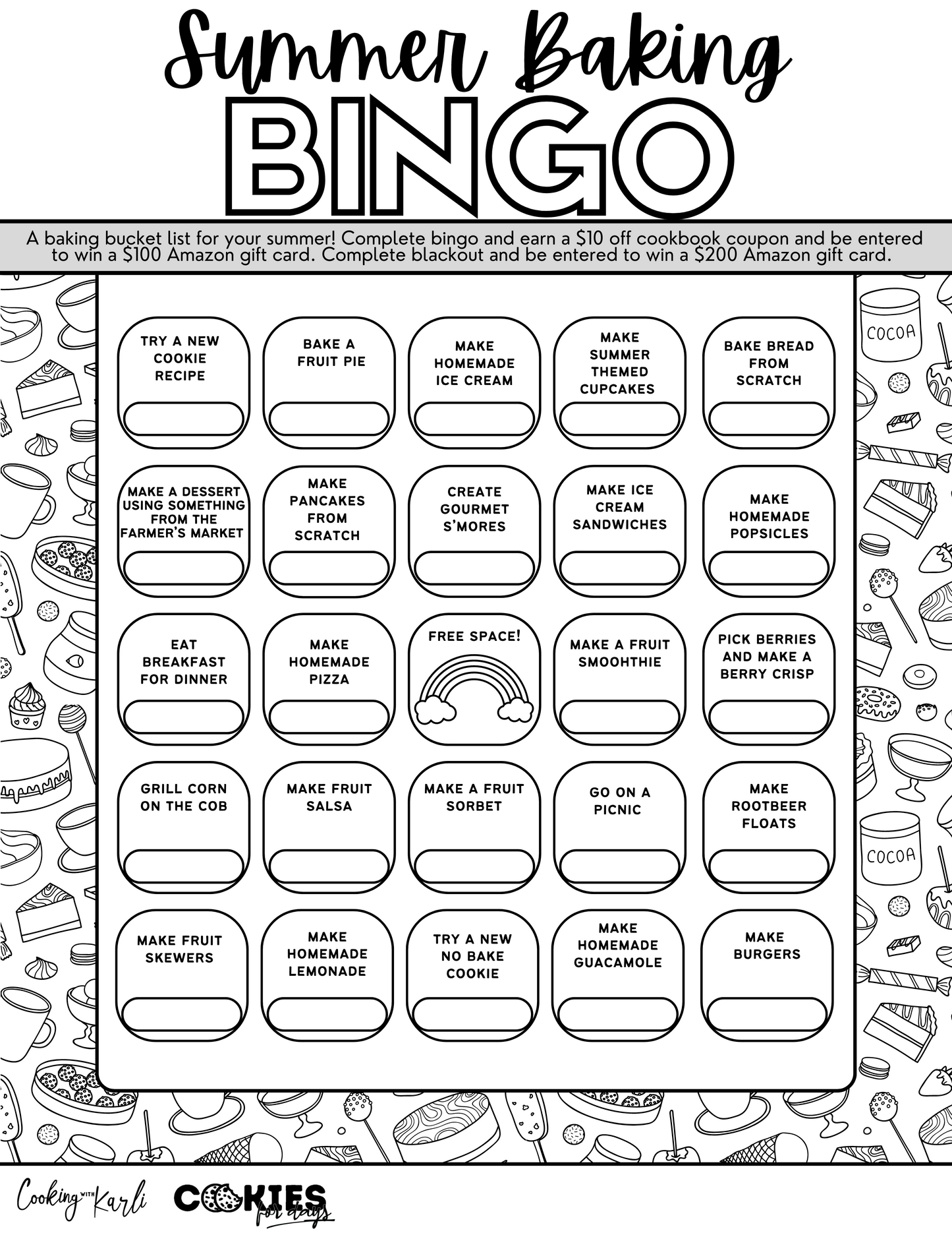 Free Summer Baking Bingo Card
